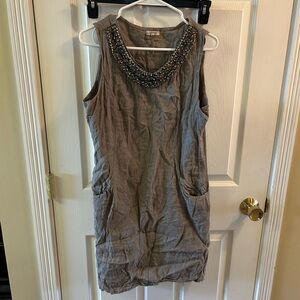 Sleeveless Beaded-Neck Gray Midi Dress